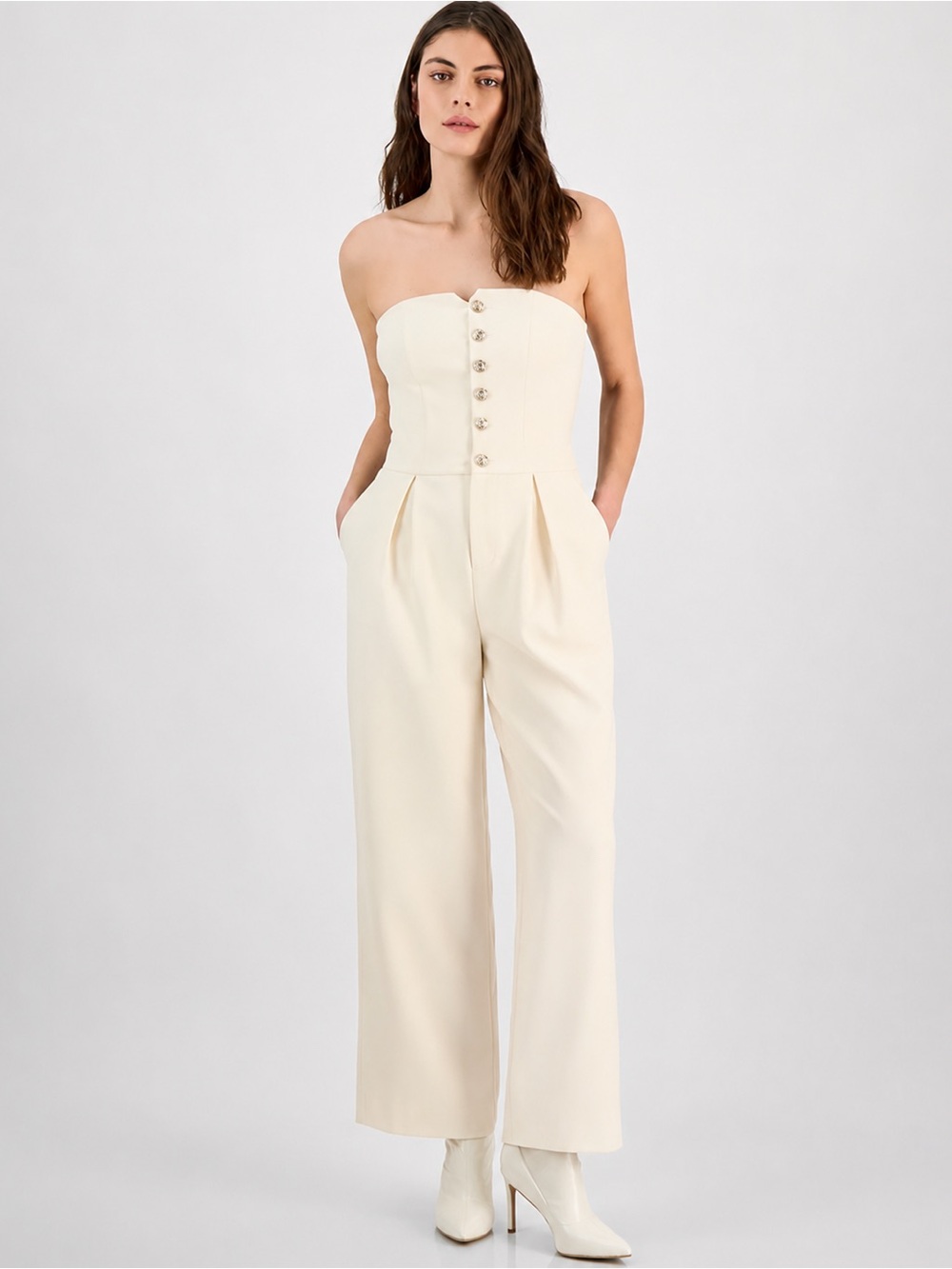 Bar III Strapless Ivory Wide-Leg Jumpsuit with Button Front